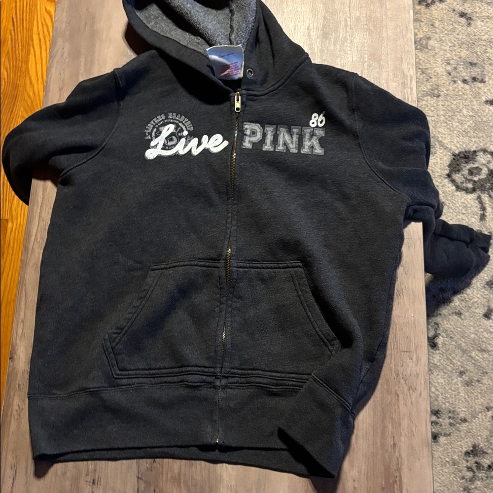 Victoria's Secret Black Hoodie with White and Gray Accents